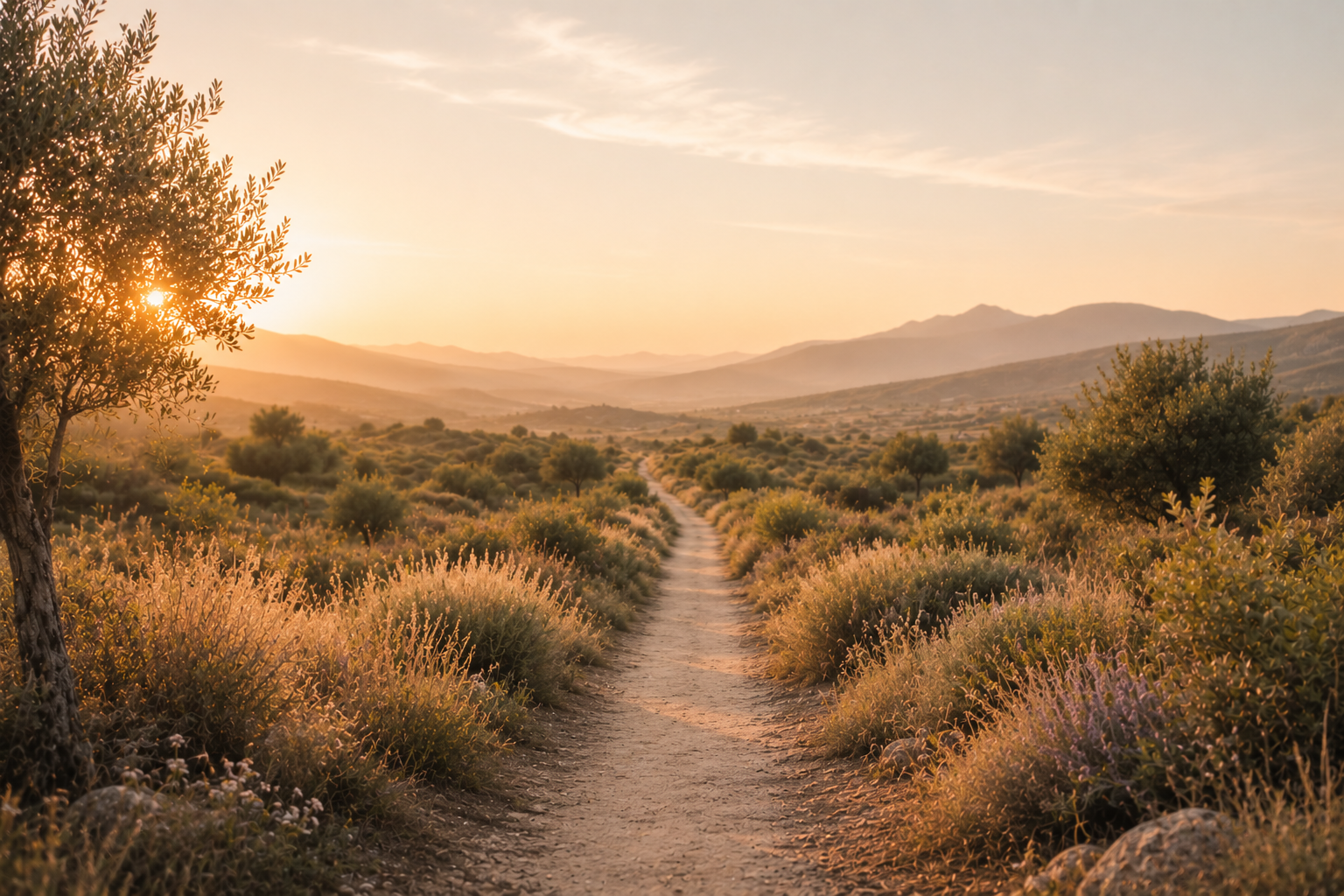 Un chemin au milieu d’un paysage naturel éclairé par une lumière douce